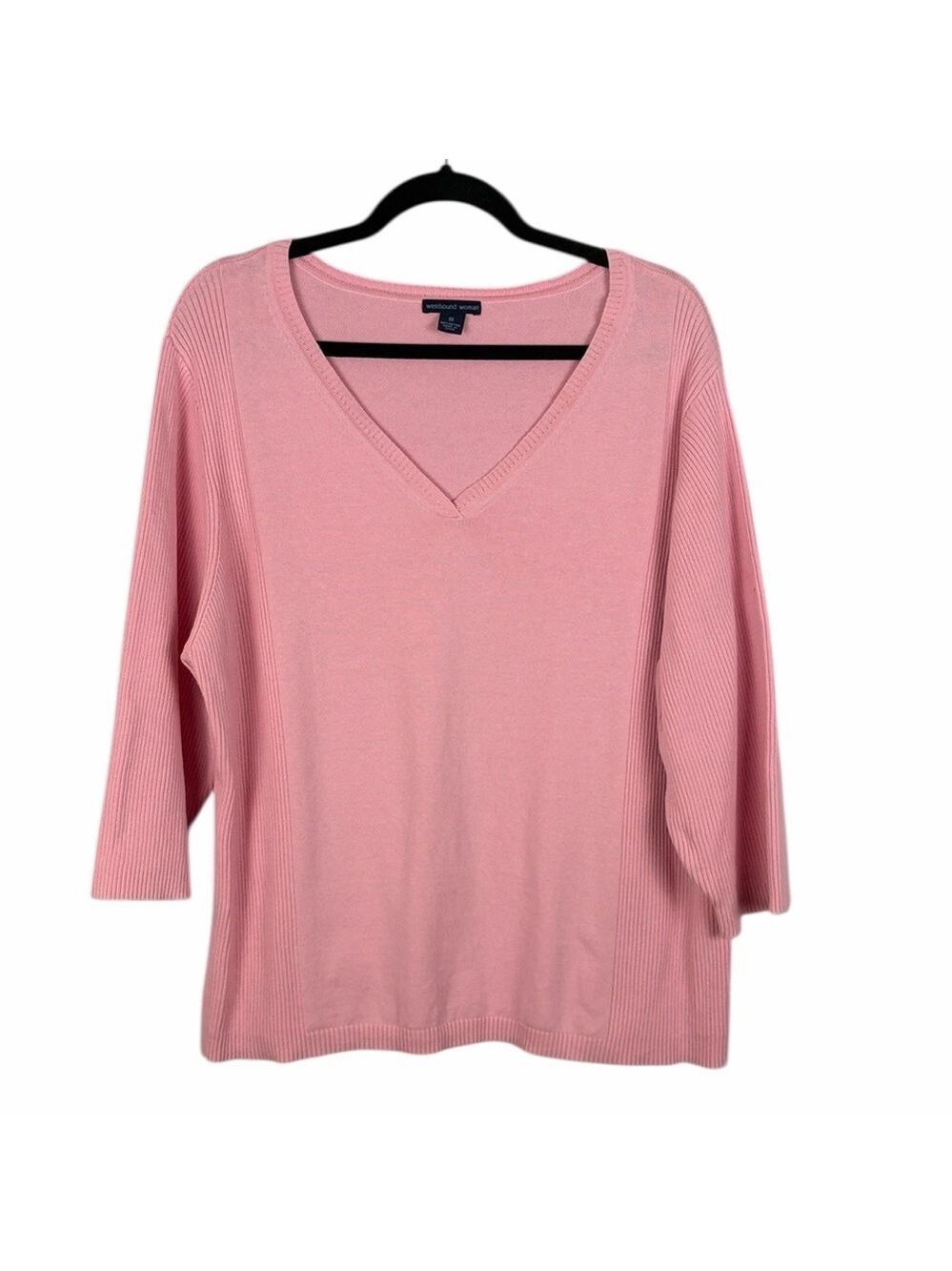 Westbound Woman Pink V-Neck Sweater 3/4 Sleeve Rib Knit Top Plus Size 3X